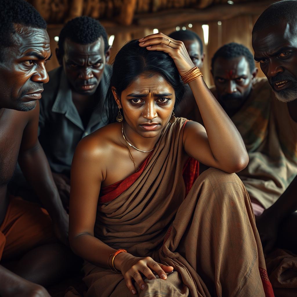 A moving scene depicting an exhausted and crying scruffy young Indian woman in a worn saree, sitting on a bed inside a traditional African hut