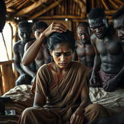 A moving scene depicting an exhausted and crying scruffy young Indian woman in a worn saree, sitting on a bed inside a traditional African hut