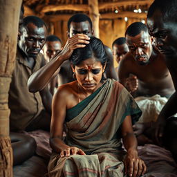 A moving scene depicting an exhausted and crying scruffy young Indian woman in a worn saree, sitting on a bed inside a traditional African hut