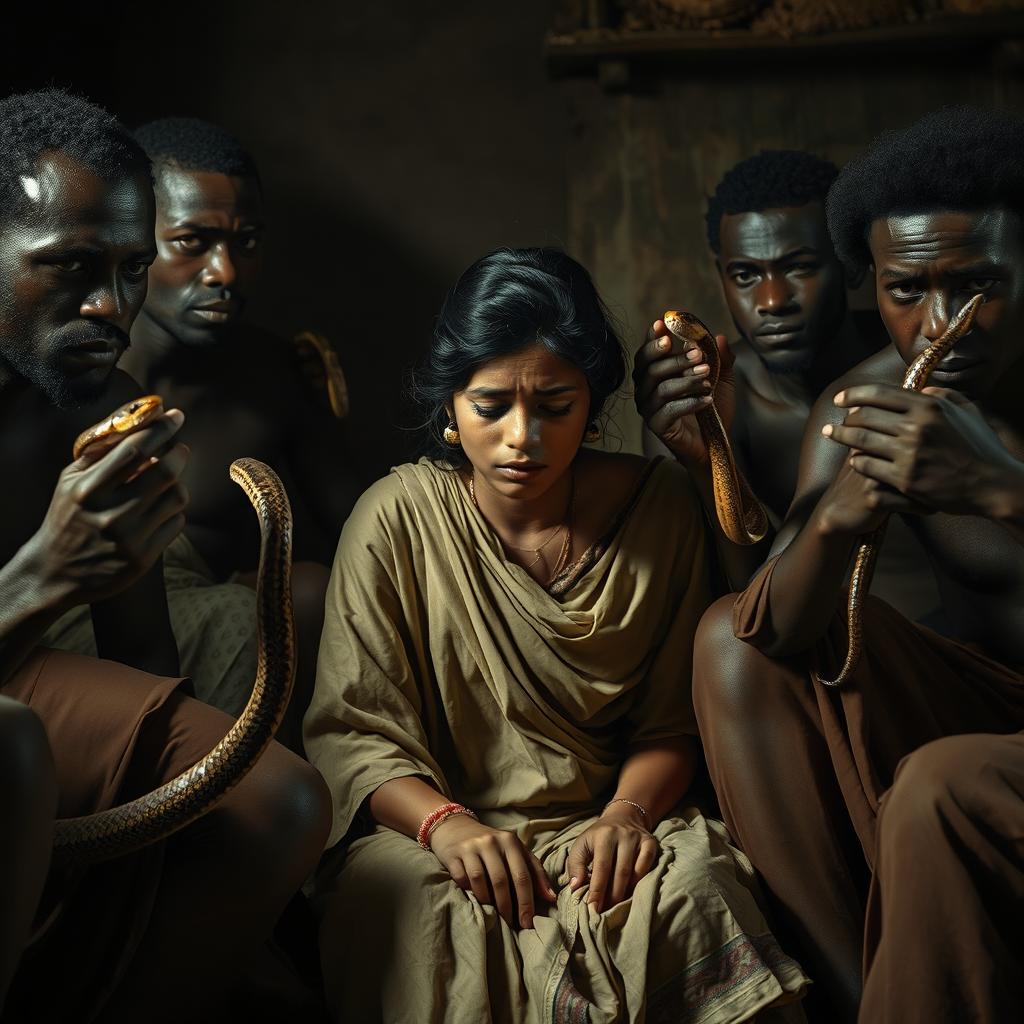 A dramatic scene showcasing an exhausted, crying scruffy young Indian woman draped in a tattered saree, sitting in a dimly lit environment