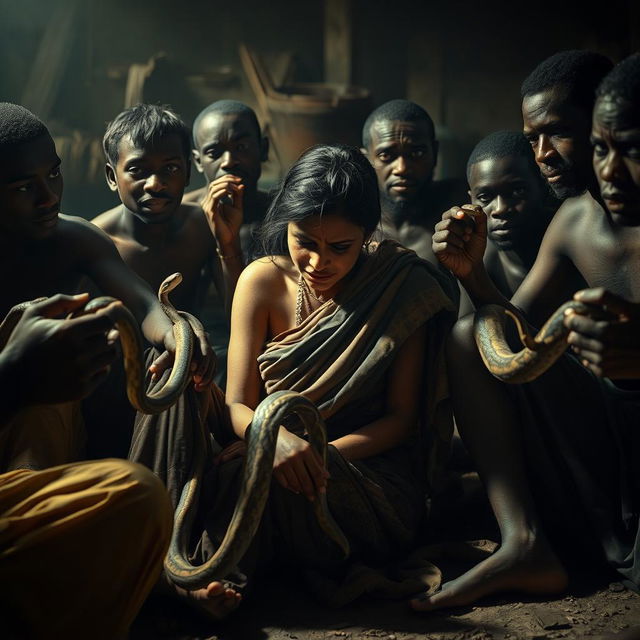 A dramatic scene showcasing an exhausted, crying scruffy young Indian woman draped in a tattered saree, sitting in a dimly lit environment