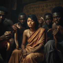 A dramatic scene showcasing an exhausted, crying scruffy young Indian woman draped in a tattered saree, sitting in a dimly lit environment