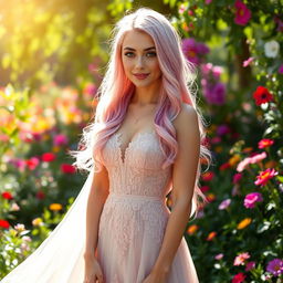 A beautiful transgirl, with long flowing pastel pink hair and wearing an elegant, flowing gown with intricate lace details, standing in a lush garden filled with vibrant flowers