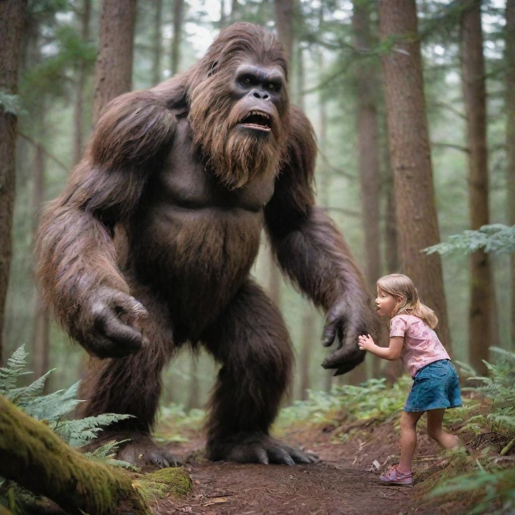 A brave, little girl ingeniously fending off an imposing, scary Bigfoot in a forest setting. The image should be dramatic yet safe for a YouTube thumbnail.