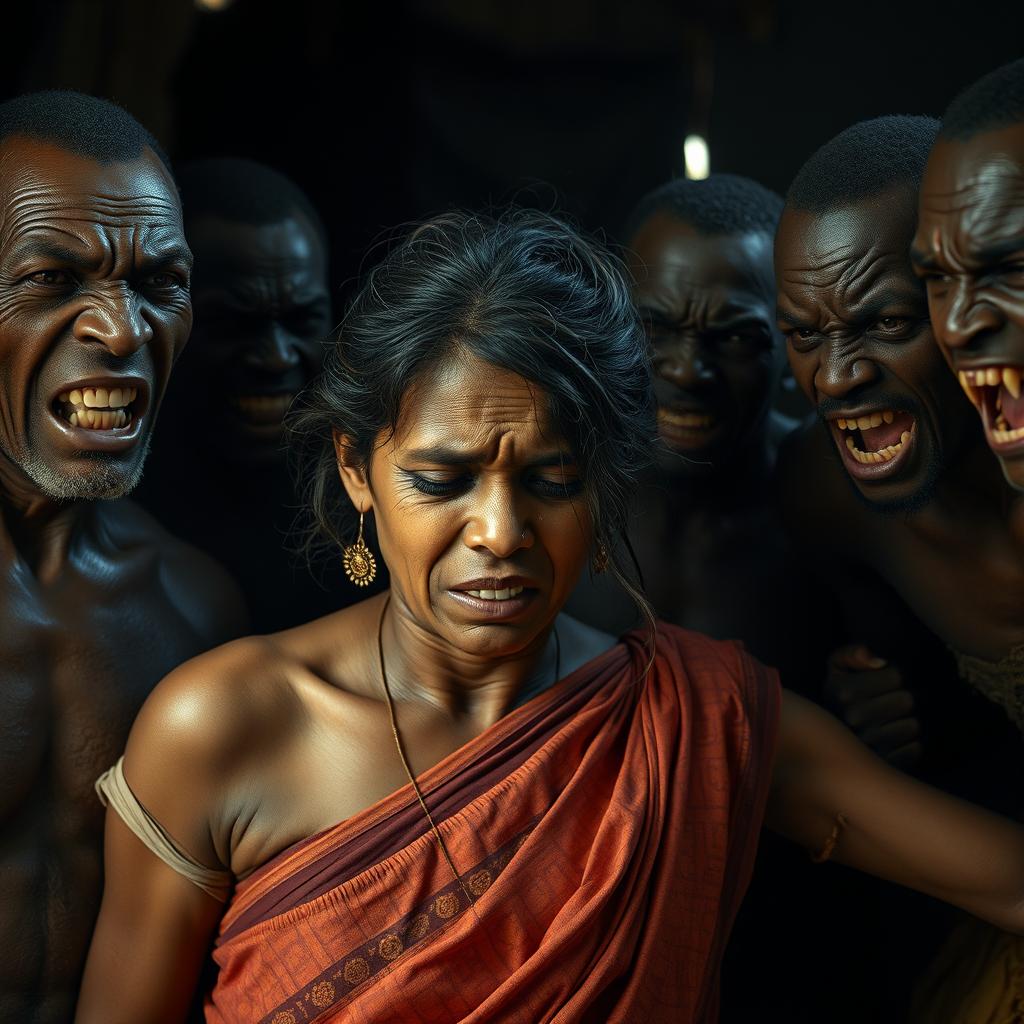 A harrowing scene depicting an exhausted, crying scruffy young Indian woman in a distressed saree, positioned in a dimly lit environment