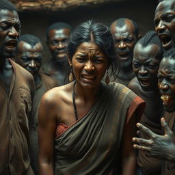 A harrowing scene depicting an exhausted, crying scruffy young Indian woman in a distressed saree, positioned in a dimly lit environment