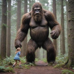 A brave, little girl ingeniously fending off an imposing, scary Bigfoot in a forest setting. The image should be dramatic yet safe for a YouTube thumbnail.