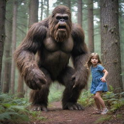 A brave, little girl ingeniously fending off an imposing, scary Bigfoot in a forest setting. The image should be dramatic yet safe for a YouTube thumbnail.