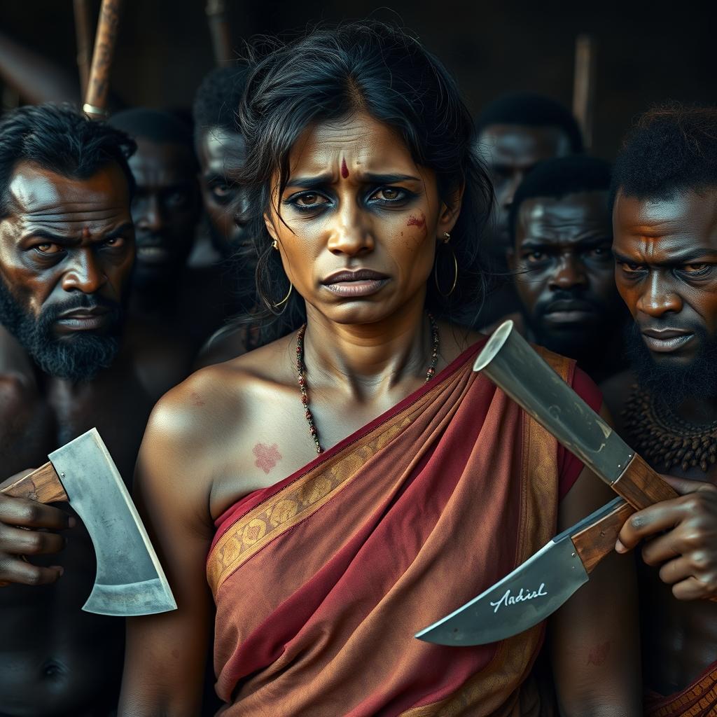 An exhausted and crying beautiful Indian lady with scruffy hair, wearing a traditional saree that reflects her culture