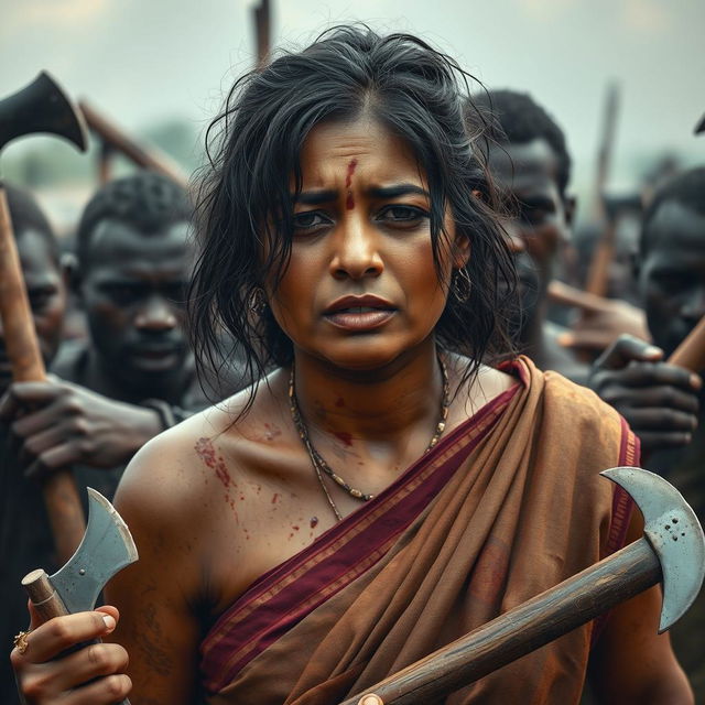 An exhausted and crying beautiful Indian lady with scruffy hair, wearing a traditional saree that reflects her culture