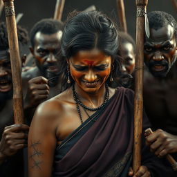 An exhausted and crying beautiful Indian lady with scruffy hair, wearing a traditional saree that reflects her culture