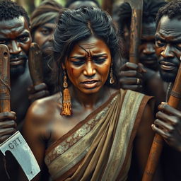 An exhausted and crying beautiful Indian lady with scruffy hair, wearing a traditional saree that reflects her culture