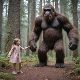 A brave, little girl ingeniously fending off an imposing, scary Bigfoot in a forest setting. The image should be dramatic yet safe for a YouTube thumbnail.