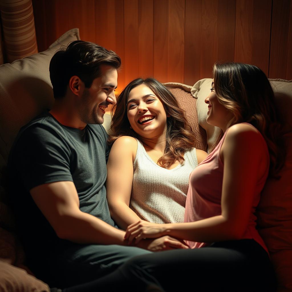 An intimate and romantic scene featuring a threesome, where three adults are engaging in a warmly lit setting that conveys connection and affection