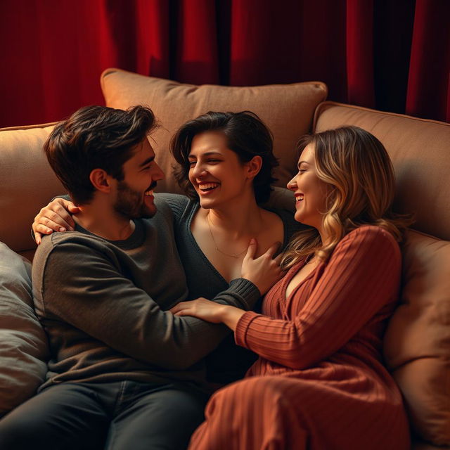 An intimate and romantic scene featuring a threesome, where three adults are engaging in a warmly lit setting that conveys connection and affection