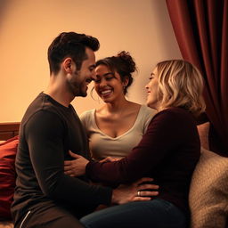 An intimate and romantic scene featuring a threesome, where three adults are engaging in a warmly lit setting that conveys connection and affection