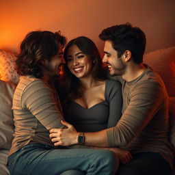 An intimate and romantic scene featuring a threesome, where three adults are engaging in a warmly lit setting that conveys connection and affection