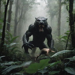 A suspenseful scene of a person narrowly escaping the terrifying advance of a deadly predator in a wild, lush jungle. Ensure it's thrilling but not overly graphic.