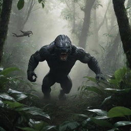 A suspenseful scene of a person narrowly escaping the terrifying advance of a deadly predator in a wild, lush jungle. Ensure it's thrilling but not overly graphic.