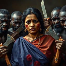 An exhausted and scared beautiful Indian lady with bruises and cuts on her face, wearing a vibrant traditional saree that gracefully drapes around her