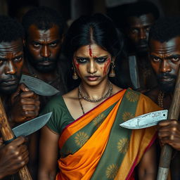 An exhausted and scared beautiful Indian lady with bruises and cuts on her face, wearing a vibrant traditional saree that gracefully drapes around her