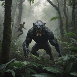 A suspenseful scene of a person narrowly escaping the terrifying advance of a deadly predator in a wild, lush jungle. Ensure it's thrilling but not overly graphic.