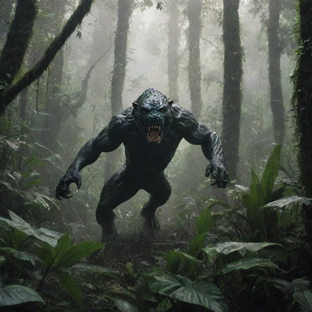 A suspenseful scene of a person narrowly escaping the terrifying advance of a deadly predator in a wild, lush jungle. Ensure it's thrilling but not overly graphic.