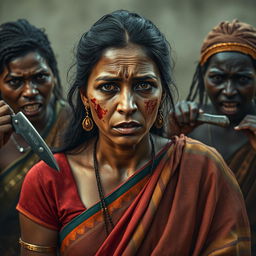 An exhausted and scared beautiful Indian lady with bruises and cuts on her face, wearing a colorful traditional saree that flows elegantly around her