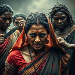 An exhausted and scared beautiful Indian lady with bruises and cuts on her face, wearing a colorful traditional saree that flows elegantly around her