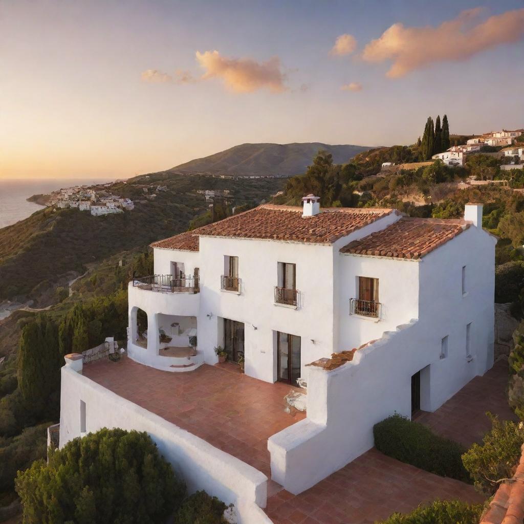 A traditional Spanish villa with terracotta roofs and white-plastered walls, set against the backdrop of a picturesque sunset.