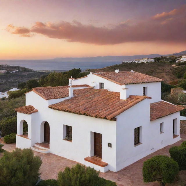 A traditional Spanish villa with terracotta roofs and white-plastered walls, set against the backdrop of a picturesque sunset.