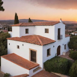 A traditional Spanish villa with terracotta roofs and white-plastered walls, set against the backdrop of a picturesque sunset.