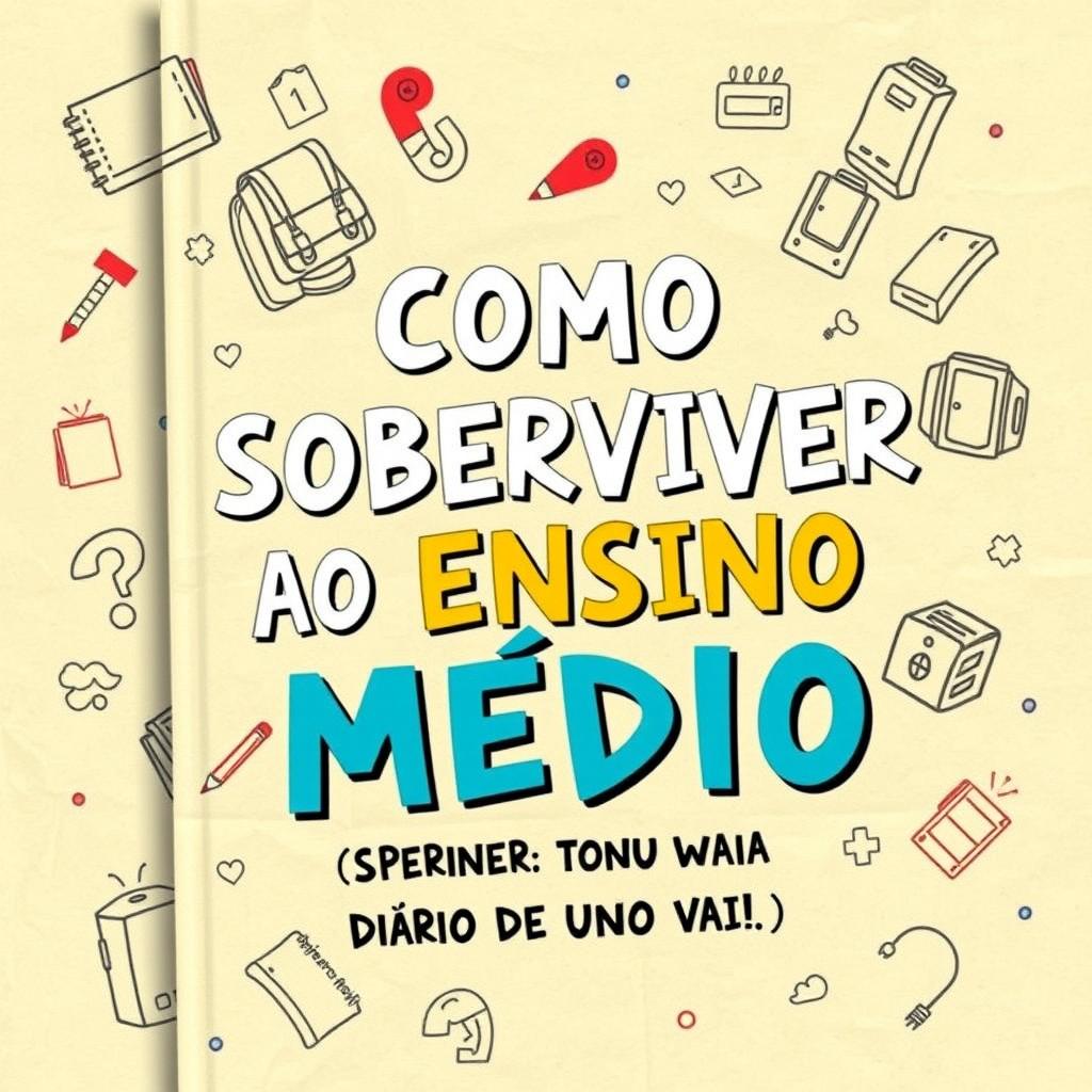 A vibrant book cover design for the title 'COMO SOBREVIVER AO ENSINO MÉDIO' with the subtitle '(SPOILER: VOCÊ NÃO VAI)'