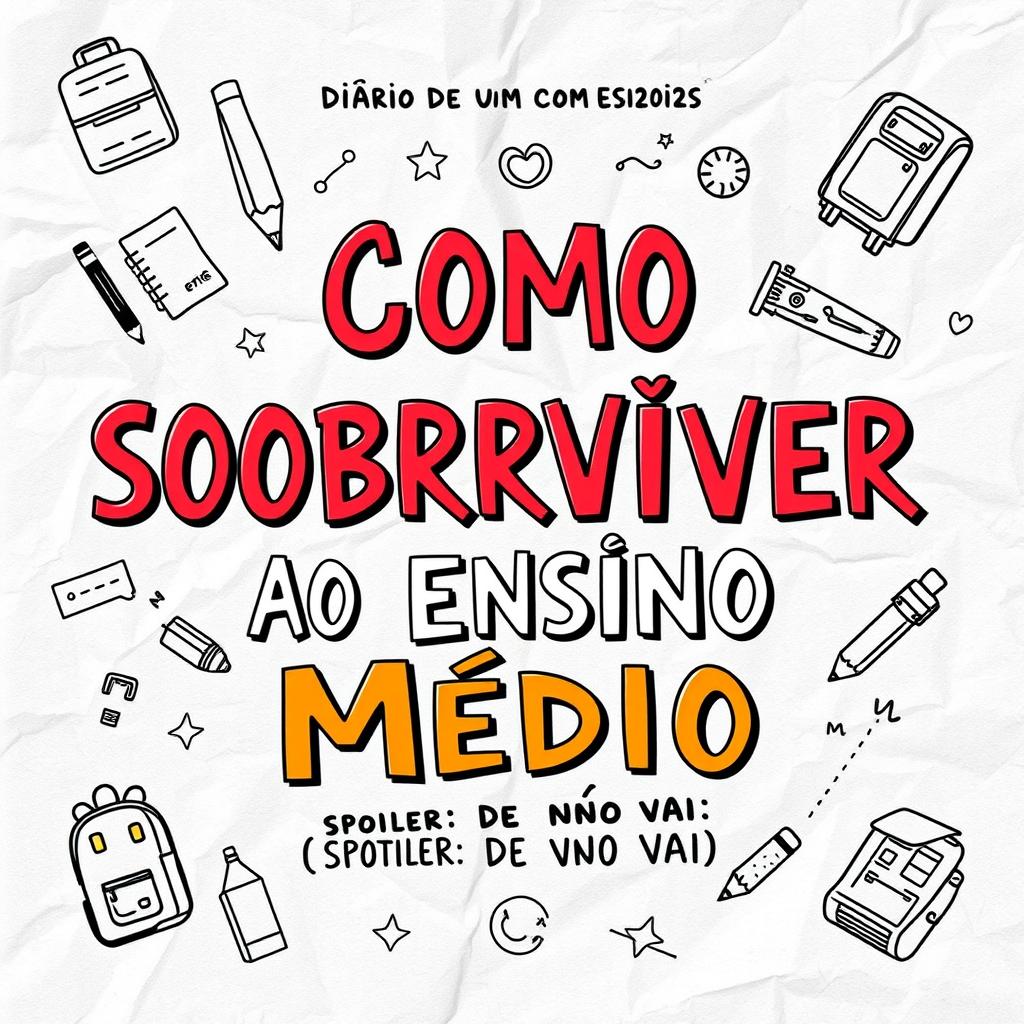 A vibrant book cover design for the title 'COMO SOBREVIVER AO ENSINO MÉDIO' with the subtitle '(SPOILER: VOCÊ NÃO VAI)'