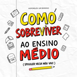 A vibrant book cover design for the title 'COMO SOBREVIVER AO ENSINO MÉDIO' with the subtitle '(SPOILER: VOCÊ NÃO VAI)'