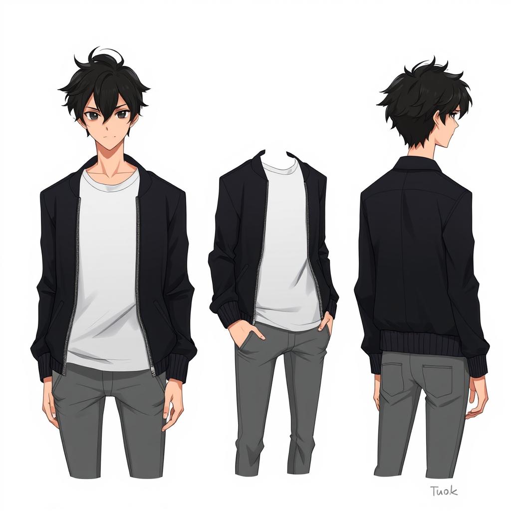 A male character with tousled black hair styled to the side, deep black eyes, wearing a sleek black bomber jacket over a white t-shirt and gray jeans