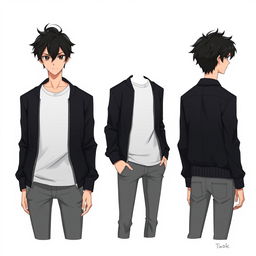 A male character with tousled black hair styled to the side, deep black eyes, wearing a sleek black bomber jacket over a white t-shirt and gray jeans