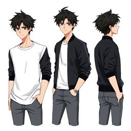 A male character with tousled black hair styled to the side, deep black eyes, wearing a sleek black bomber jacket over a white t-shirt and gray jeans