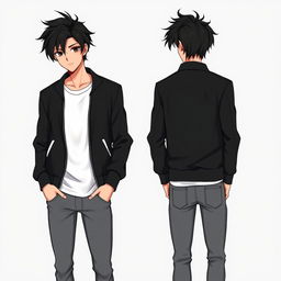 A male character with tousled black hair styled to the side, deep black eyes, wearing a sleek black bomber jacket over a white t-shirt and gray jeans