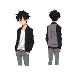 A male character with tousled black hair styled to the side, deep black eyes, wearing a sleek black bomber jacket over a white t-shirt and gray jeans