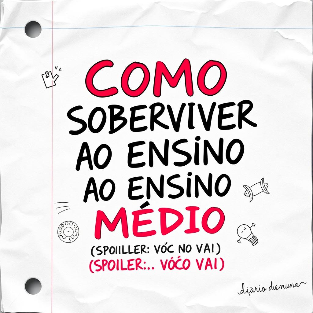 A vibrant and engaging book cover for 'COMO SOBREVIVER AO ENSINO MÉDIO' with the subtitle '(SPOILER: VOCÊ NÃO VAI)'