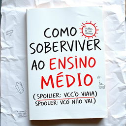 A vibrant and engaging book cover for 'COMO SOBREVIVER AO ENSINO MÉDIO' with the subtitle '(SPOILER: VOCÊ NÃO VAI)'