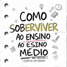 A vibrant and engaging book cover for 'COMO SOBREVIVER AO ENSINO MÉDIO' with the subtitle '(SPOILER: VOCÊ NÃO VAI)'