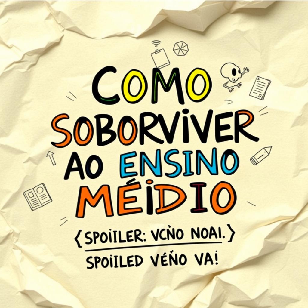 A vibrant and engaging book cover for 'COMO SOBREVIVER AO ENSINO MÉDIO' with the subtitle '(SPOILER: VOCÊ NÃO VAI)'