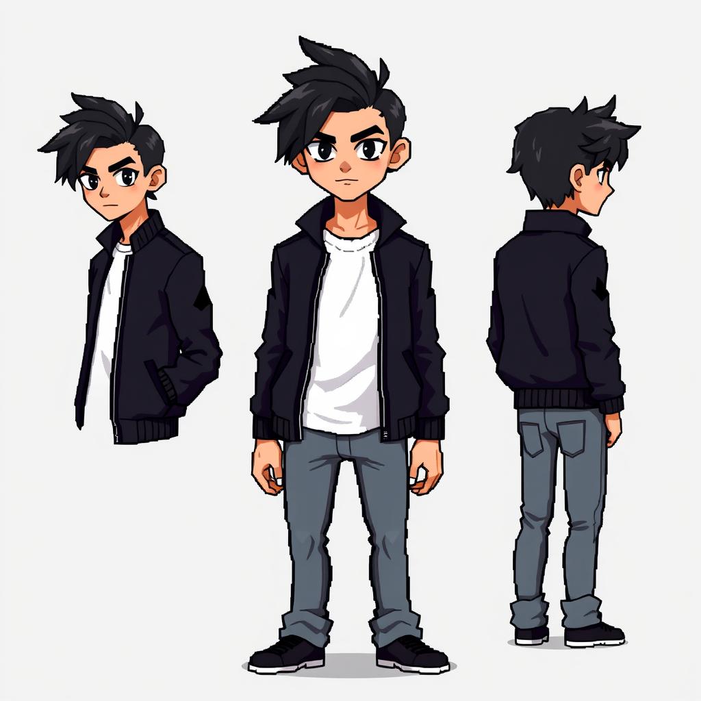 A male character design featuring tousled black hair styled to the side, with striking black eyes