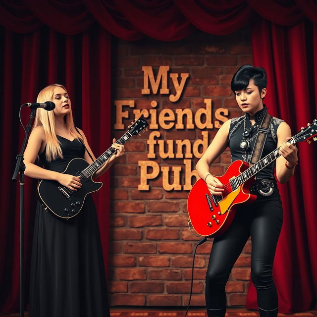 A lively music performance poster featuring two young women on stage in a pub atmosphere