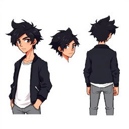 A male character design featuring tousled black hair styled to the side, with striking black eyes