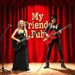 A lively music performance poster featuring two young women on stage in a pub atmosphere