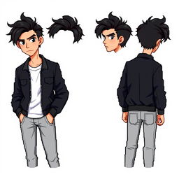 A male character design featuring tousled black hair styled to the side, with striking black eyes