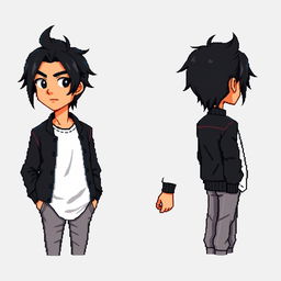 A male character design featuring tousled black hair styled to the side, with striking black eyes